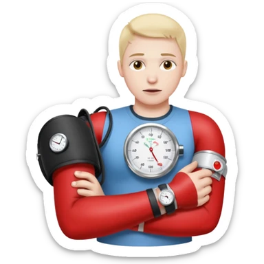 blood pressure cuff wrapped around upper arm with dial reading sticker