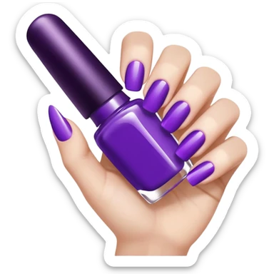 A close-up illustration of a hand with long, glossy purple-painted nails. A nail polish brush is shown applying purple polish to one of the nails, with smooth, clean strokes. The style is bright, polished, and emoji-like, emphasizing nail care, beauty, and manicure aesthetics. sticker