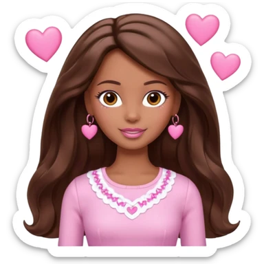 Barbie girl and  makeup , brown long straight wavy hair and brown eyes is In pale pink clothes There are pink hearts all around sticker