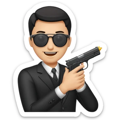 Quiero un emoji con lentes negros con una pistola automática en la mano riéndose y pasandose la pistola por la cara sticker