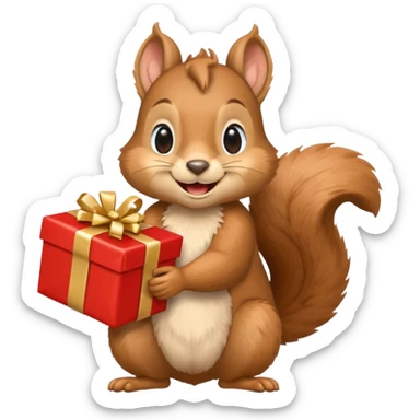 squirrel with a big smile, holding a gift and a Swiss flag sticker