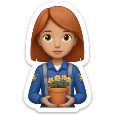 young girl wearing packpack, wearing uniform, holding a flower pot sticker