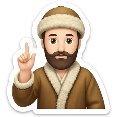 Create an emoji-style illustration of a Caucasian man from the Caucasus region, wearing a traditional woolen papakha hat and a robe made of sheepskin. He has a thick beard and is pointing one finger upward. The style should be simple and expressive, like an emoji. sticker