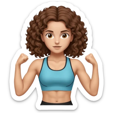 full body, very beautiful italian girl, looking like Emma Watson, with curly and big volume very bright brown hair, workout clothes, flexing muscles

 sticker