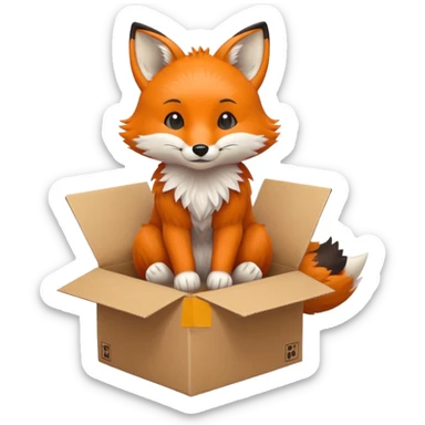 cute fox sitting in a cardboard box, playful expression, kids toy aesthetic sticker