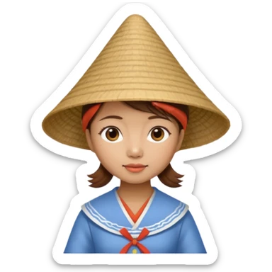 tiny Vietnamese woman with brown hair, wearing a conical hat sticker