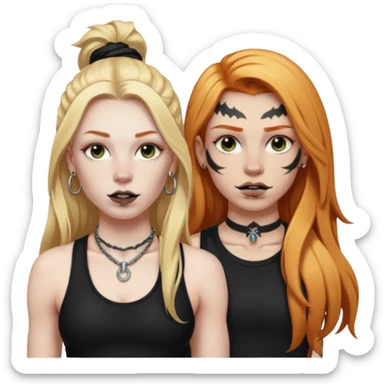 girl with long blonde hair, black tattoos and a septum piercing next to an athletic ginger girl and a septum piercing sticker