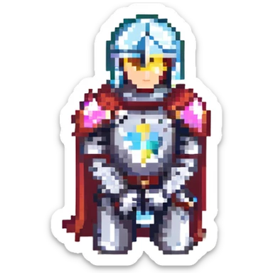 a knight kneeling with sparkles, pixel art style sticker