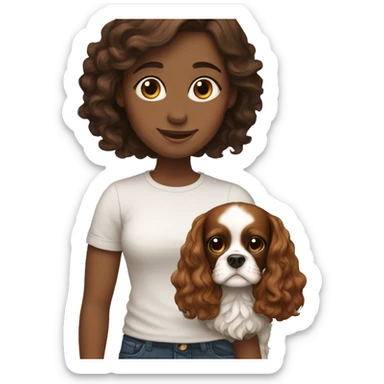 girl brown hair holding King Charles spaniel ruby  sticker