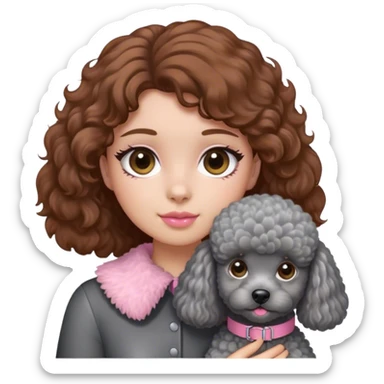 A girl with caramel brown hair holding a grey poodle sticker