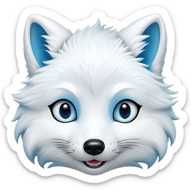 Cinematic Comical Arctic Fox Portrait Emoji, Head tilted dramatically with an exaggeratedly amused expression, featuring a striking, glossy white Fur with bold icy blue accents and wide, expressive eyes filled with playful disbelief, Simplified yet hilariously expressive features, highly detailed, glowing with a slightly sassy glow, high shine, dramatic yet playful, stylized with an air of cheeky arctic mischief, bright and endearing, soft glowing outline, capturing the essence of a spirited and over-the-top arctic fox, so meme-worthy it feels like it could side-eye its way into internet fame instantly! sticker