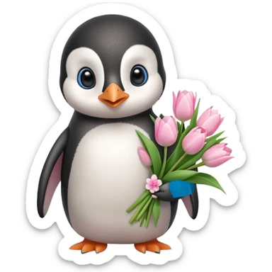 Cute baby penguin holding flower bouquet wraped in white paper and all flowers tulips in pink colour sticker