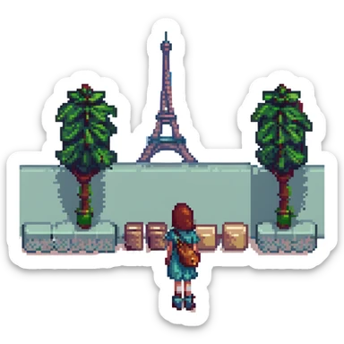 A girl standing near the Eiffel Tower sticker