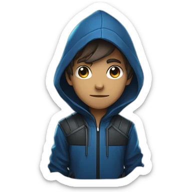 Boy brown developer left side behind his laptop with this style: Valorant Riot Game blue character blue black hooded hacker  sticker