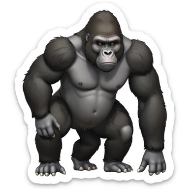 cinematic-friendly relaxed gorilla-realistic-full-body-crouched on all fours-emoji,-poised-with-confidence,-massive-arms-hanging-slightly-forward,-head-tilted-thoughtfully,-thick-black-fur,-deep-dark-eyes-full-of-intelligence,-simplified-yet-realistic sticker