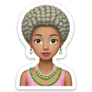Brown woman with very short stylish gray Afro  wearing pink and green dress  and pearl necklace  sticker