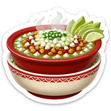 A delicious hot bowl of pozole rojo emoji. Steam rising. Hominy visible. Place the sides next to the bowl: chopped onions, shredded cabbage, lime wedges, red chile de arbol salsa, and full round tostadas with a light smear of sour cream sticker