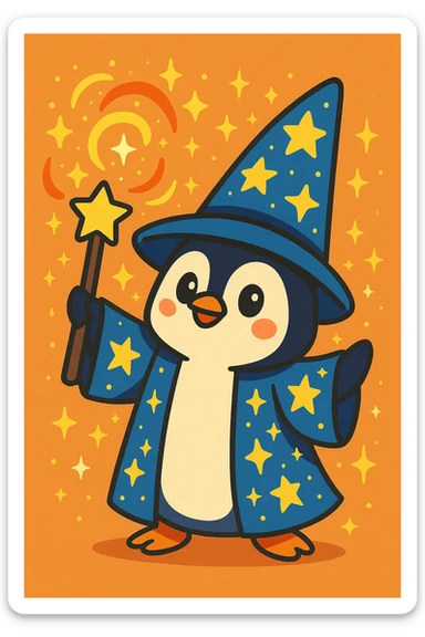 a penguin wizard casting a spell, with sparkles and a starry robe, cute cartoon style sticker