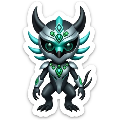 Silvery grey shiny alloy Cyber-Lombax-Fakémon-creature with dark black mask and shiny intricate green and turquoise circuitry markings (full body) sticker