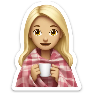 A blonde girl covered in a plaid light pink blanket sipping hot tea sticker