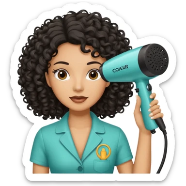 Parrucchiera con il phon in mano e la scritta coiffeur assunta capelli neri e ricci sticker