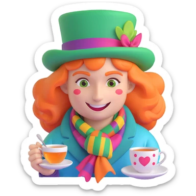 Mad Hatter from Alice in Wonderland, expressive face with a green hat, colorful scarf, and tea party elements, lively and imaginative style, stylized as an emoji sticker