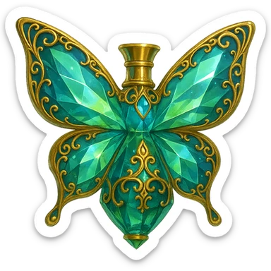 very close to original: crystal butterfly-shaped bottle with short gold neck (no crown), green and blue colors, more facets, glowing, ornaments, decorations, golden details, magical effects, premium class, transparent background, bottle clearly flying in the air, no base or shadow. sticker