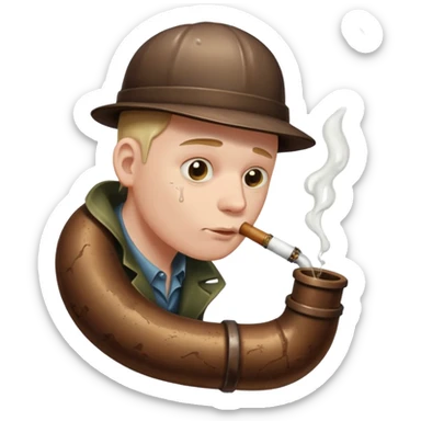 White guy smoking a sewer pipe with brown liquid overflowing and dripping down the side sticker