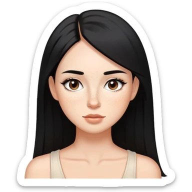 woman with silky straight black hair, subtle makeup, and cute freckles sticker