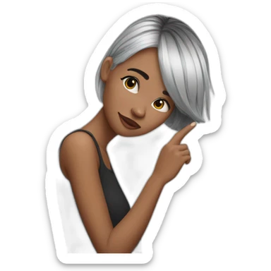 A girl with black and white hair puts her finger on her head sticker