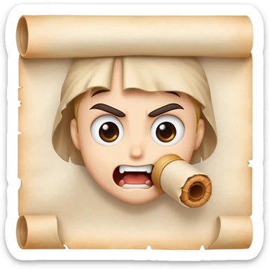 determined cartoon face biting on a small parchment scroll, anime-inspired style sticker