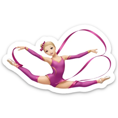 A graceful rhythmic gymnast performing with a flowing ribbon, executing an elegant leap mid-air. The pose exudes flexibility, balance, and artistry. The background suggests a competition arena with soft lighting, emphasizing movement, precision, and the beauty of the sport. sticker