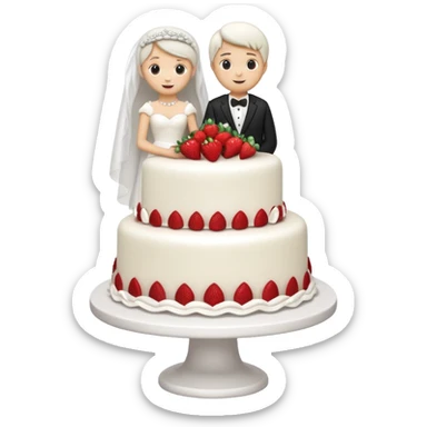 white cake with strawberries and a small bride and groom cake topper sticker