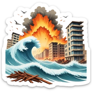 A vintage movie poster-style design with a dramatic scene of a natural disaster like an earthquake, tornado, or tsunami. Include crumbling buildings, flying debris, and fiery explosions. The background should be chaotic, with a cinematic, apocalyptic vibe. Transparent background. sticker