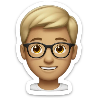 A smiling boy with short hair and light skin wearing black-rimmed round glasses sticker