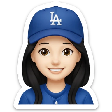 Can you make an emoji of a girl with fair skin with black long hair wearing an LA dodger hat. Only include her face no neck.  sticker