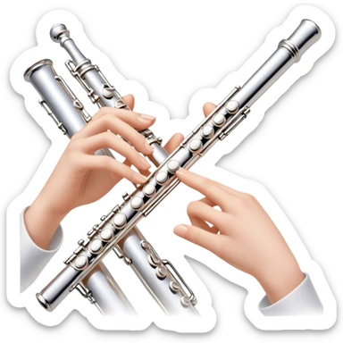 Cinematic Realistic Flute, polished silver metal with precise keywork, soft reflections of warm light dancing along its length, a musician’s delicate fingers pressing the keys, glowing with a sleek and elegant charm. sticker