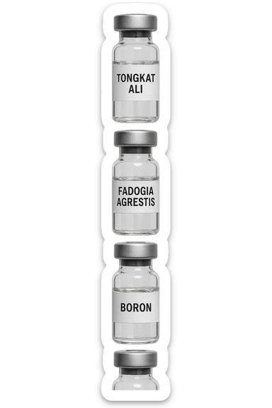 3 fiale mediche: Tongkat Ali, Fadogia Agrestis, PT-141, Boron e Zinco fluttuano in aria verticalmente sticker