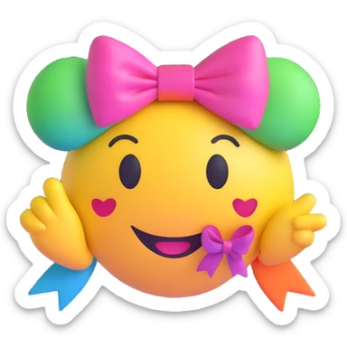3D smiley emoji, large eyelashes, girly, colorful bow, laughing sticker