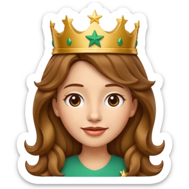 Apple style 3D emoji of a young woman inspired by the Starbucks logo. She has long wavy hair on both sides, a crown with a star on her head, and a soft smile. Smooth, shiny, simple emoji look. sticker