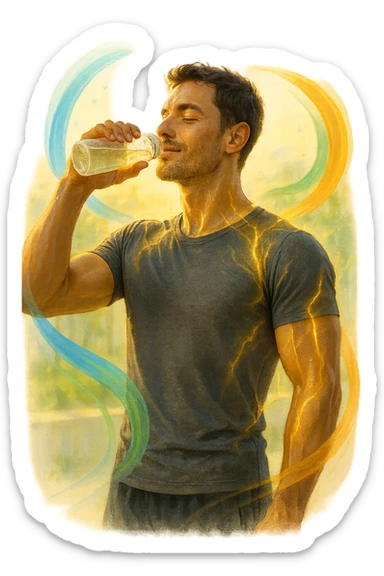 Uomo atletico sui 30 anni, al mattino presto, mentre beve una bevanda trasparente ricca di elettroliti da una borraccia. Il suo corpo è illuminato da una luce naturale dorata e mostra una leggera aura energetica attorno ai muscoli, simbolo di rigenerazione e recupero. Espressione rilassata e vitale, pelle idratata e luminosa. Intorno a lui flussi leggeri e colorati (blu, verde, arancio) rappresentano il bilanciamento degli elettroliti: sodio, potassio, magnesio. Ambiente naturale o cucina moderna minimalista. Atmosfera positiva, pulita e rinvigorente. sticker