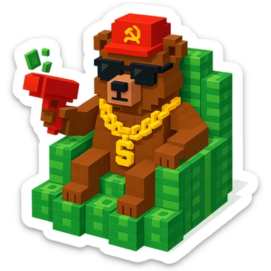 Russian grizzly bear with a rapper chain and a money gun, sitting on a throne of cash sticker