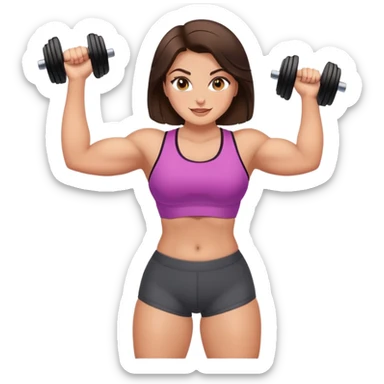 Strong gym girl, thick thighs, makeup, brunette, grey eyes, happy sticker