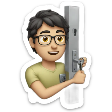 dark-short-haired man with glasses, struggling to fit a key into a lock door sticker
