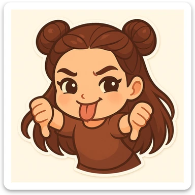 Create a chibi sticker of the girl with double bun hairstyle, giving a thumbs down with both hands, sticking out her tongue, body leaning forward, playful and cheeky, same face and clothes as before. sticker