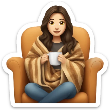 Brunette white girl covered in blanket autumn vibe sitting on a cozy chair holding coffee,  sticker