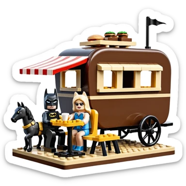  Ultra cute  Lego detailed 1854 Batman and pretty Catgirl dream horse drawn Caravan with picnic table and folding chairs alone at romantic afternoon (hot chocolate and cheeseburgers on the grill) sticker