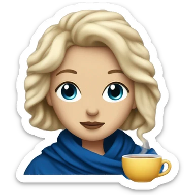 Lady with dirty blonde hair and dark blue eyes drinking tea in a blanket  sticker