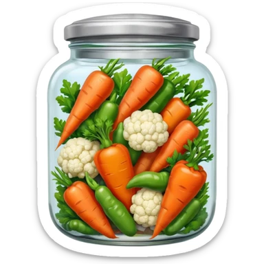 A mix jar of carrots, peppers, and cauliflower tightly sealed with a silver lid








 sticker