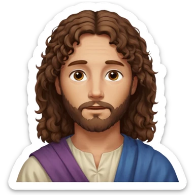 "Jesus with medium curly hair, not long, gentle expression, realistic yet soft digital painting, warm and serene colors." sticker